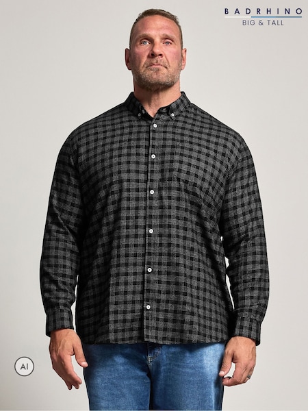 أسود - Regular Badrhino Big & Tall Brushed Check Long Sleeve Shirt