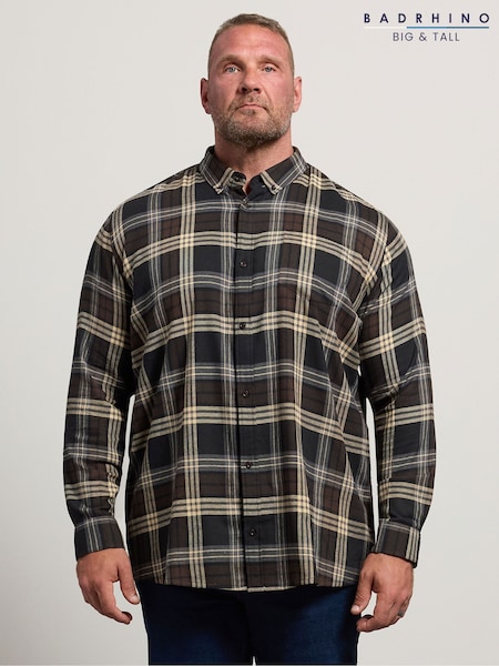 Brown - Long Badrhino Big & Tall Brushed Check Long Sleeve Shirt