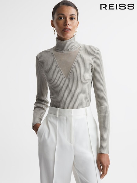 Reiss Silver Tanya Metallic Ribbed Mesh Panel Funnel Neck Top (874593) | € 231