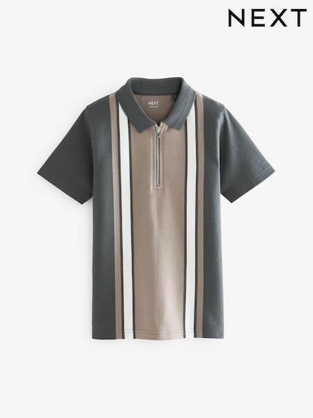 Neutral Vertical Colourblock Short Sleeve Zip Neck Polo Shirt (3-16yrs) (874943) | €3 - €5