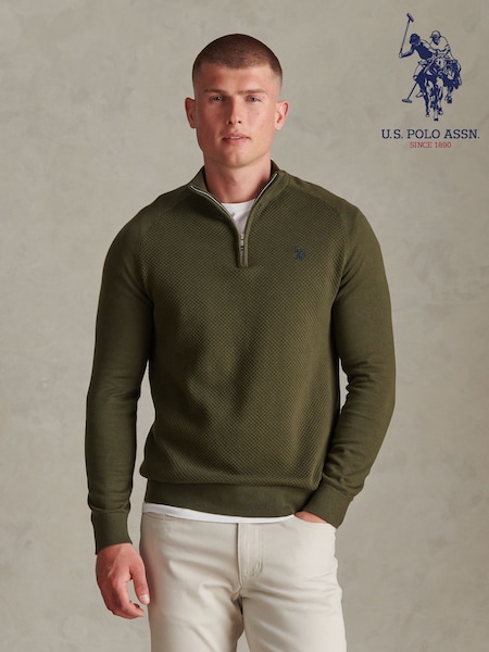 Verde - Regular U.s. Polo Assn. Moss Stitch Raglan Sleeve Quarter Zip Funnel Neck Jumper