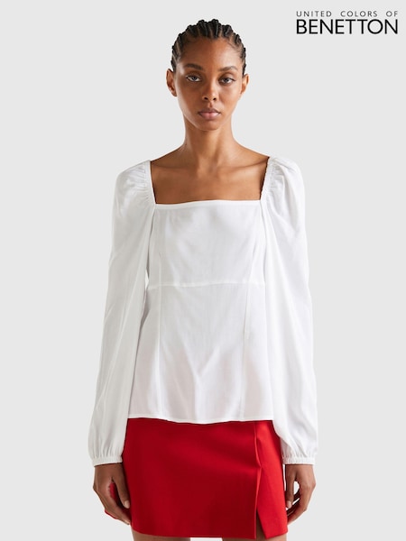Benetton Square Neck Puff Sleeve White Blouse (875256) | €25