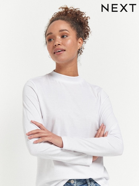 White High Neck Long Sleeve 100% Cotton Top (875350) | 31 QAR