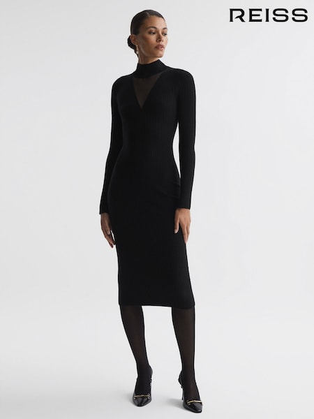 Reiss Sabrina Ribbed Mesh Panel Bodycon Midi Dress (875610) | 1,634 LEI