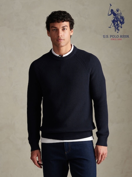 Blue - Regular U.s. Polo Assn Textured Raglan Crew Neck Jumper