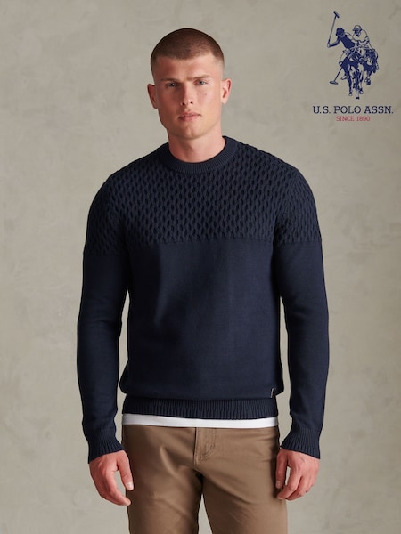 Modrá - Regular U.s. Polo Assn. Honeycomb Mixed Knit Crew Neck Jumper