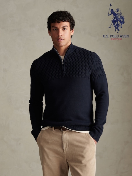 Blue - Regular U.s. Polo Assn. Honeycomb Cable Quarter Zip Jumper