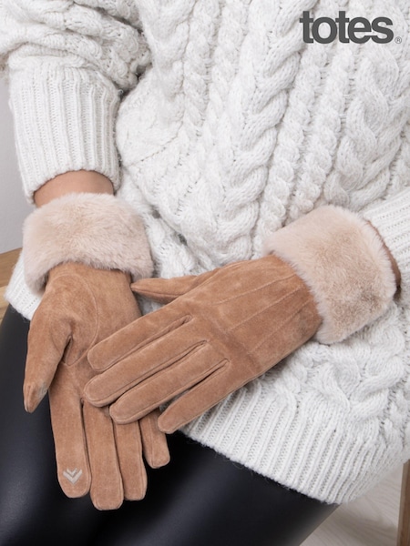 Totes Isotoner Winter Three Point Suede Ladies Gloves with Faux Fur Cuff (876615) | €41