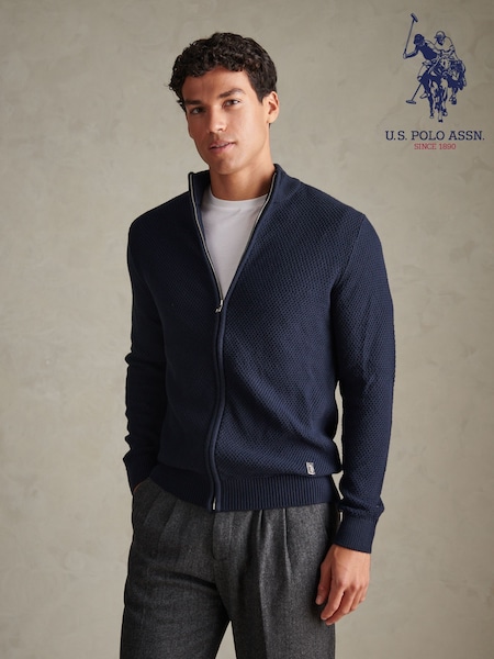 Blue - Regular U.s. Polo Assn. Cotton Textured Knit Full Zip Funnel Neck Cardigan
