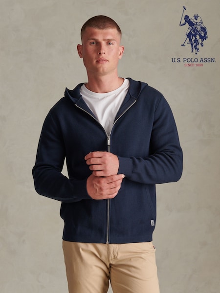 Blue - Regular U.s. Polo Assn Zip Through Knitted Hoodie