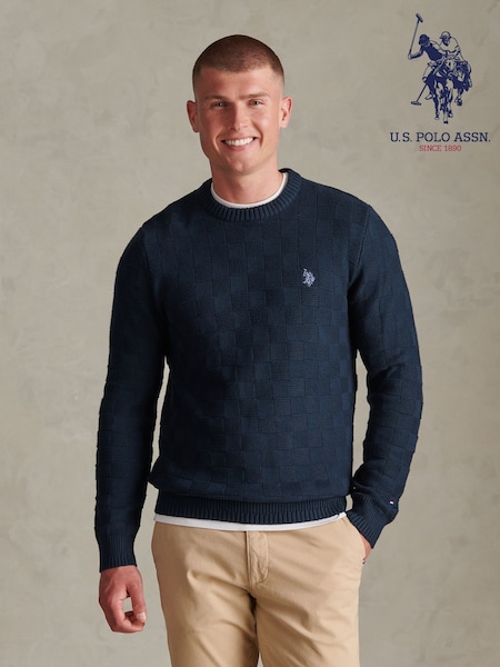 Көк - Regular U.s. Polo Assn Mens Large Check Textured Knit Crew Neck Jumper
