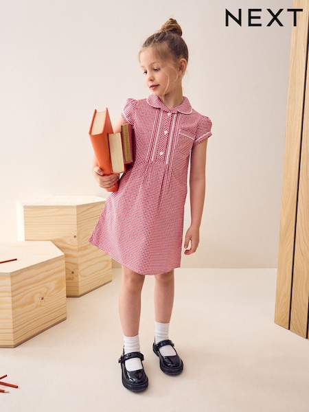 Red Cotton Rich Button Front Lace Gingham School Dress (3-14yrs) (877215) | AED43 - AED58