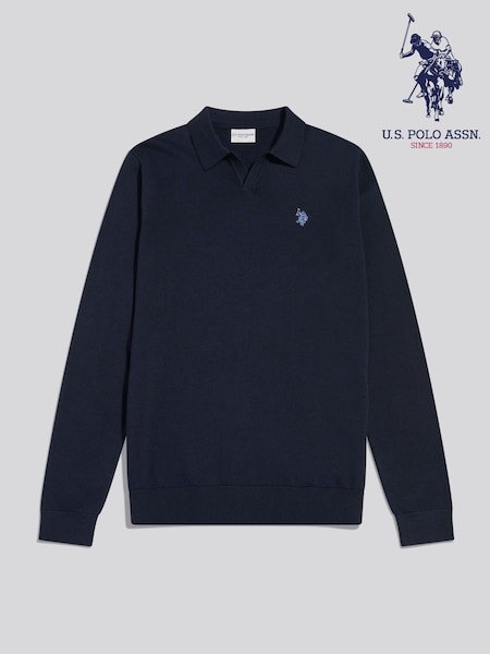 Blue - Regular U.s. Polo Assn Combed Cotton Open Collar Long Sleeve Polo Shirt