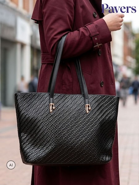Black - Pavers Woven Zip Close Shoulder Bag