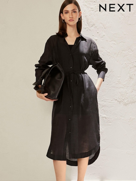 Black TENCEL™ Blend Belted Shirt Dress with Linen (877816) | €22