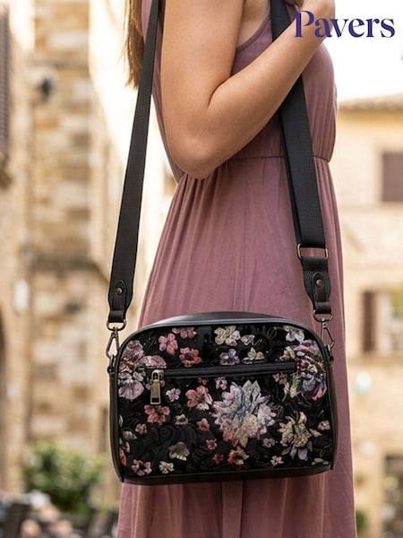 Black Floral - Pavers Adjustable Strap Multi Pocket Cross-body Bag