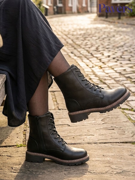 Black - Pavers Lace Up Ankle Boots With Warm Lining