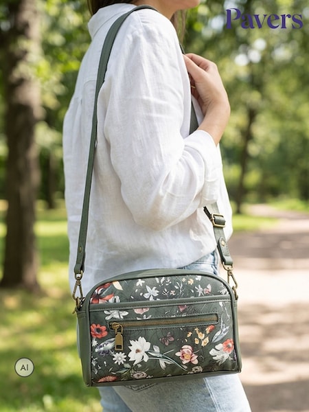 Green Floral - Pavers Adjustable Strap Multi Pocket Cross-body Bag