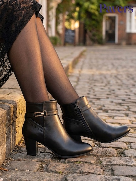 črna - Pavers Smart Block Heel Ankle Boots With Buckle Detail