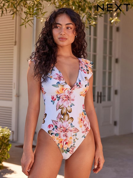Pink/Cream Floral Frill Plunge Tummy Shaping Control Swimsuit (878363) | €19.50