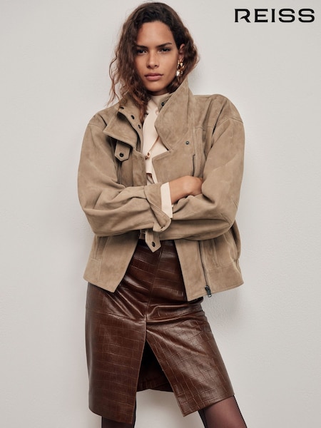 Tan Brown - Reiss Della Leather Croc-embossed Midi Pencil Skirt