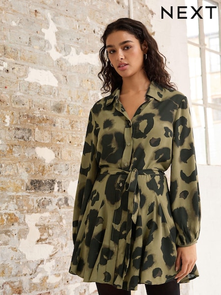 Kaki zelena/črna majica s potiskom Animal - Mini Tie Belt Shirt Dress (881192) | € 15