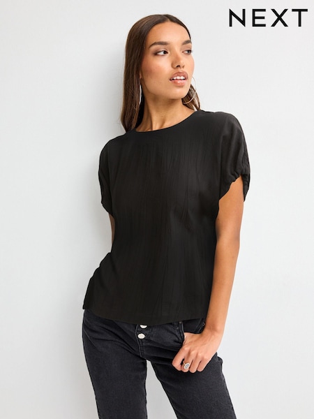 Black Gathered Short Sleeve Textured Boxy T-Shirt (881329) | €6