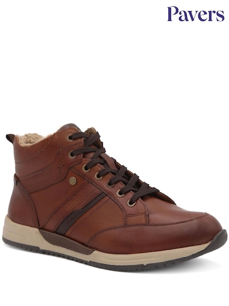 Brown - Regular Pavers Wide Fit Leather Faux Fur Lined Hi Top Trainers