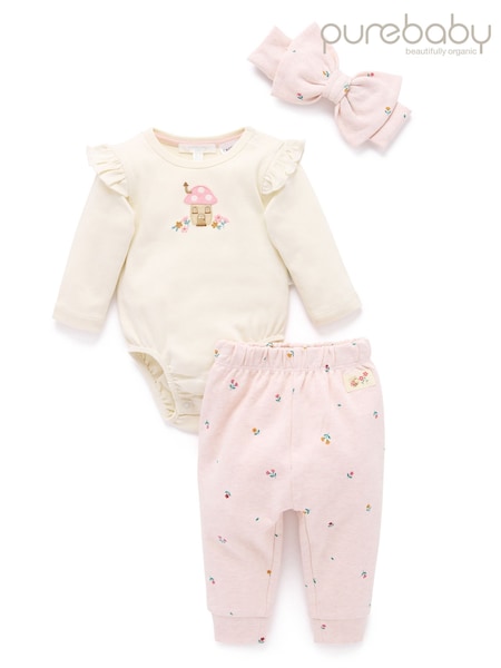 وردي - طقم هدايا من 3 قطع مكوّن من بودي سوت وبنطلون ضيّق وطوق رأس من Purebaby