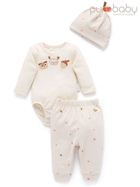 Natural - Purebaby Bodysuit, Leggings & Hat Gift Set 3 Piece