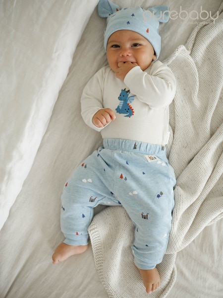 Blue - Purebaby 3 Piece Gift Set Bodysuit, Leggings & Hat