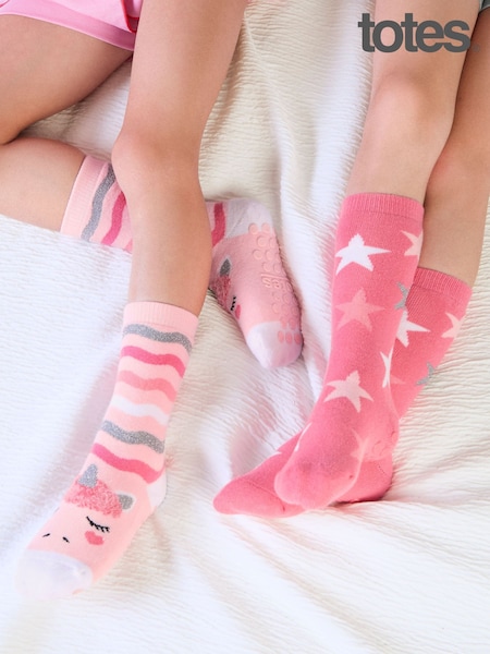 Pink - Totes Younger Childrens Original Slippers Socks 2 Pack
