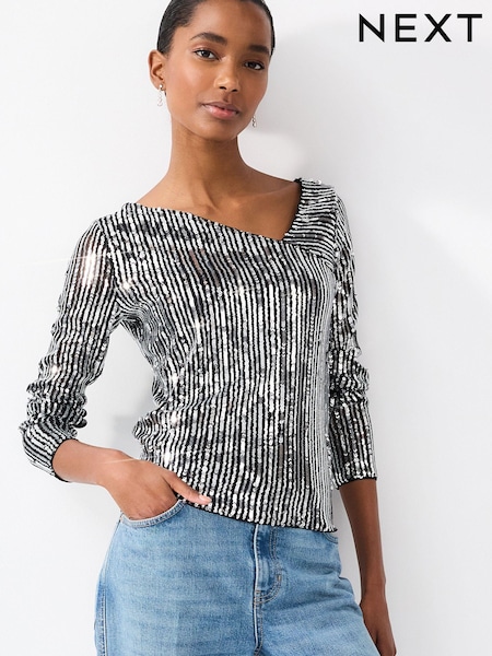 Striped Silver Sequin Long Sleeve Asymmetric Party Top (884901) | €18