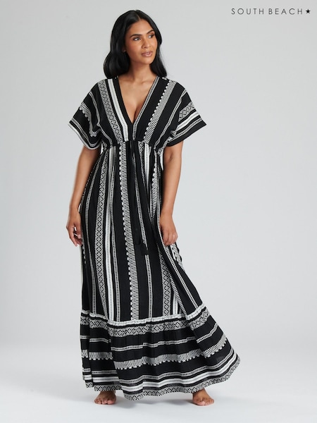 Negru Alb - South Beach 100% Cotton Brodeed Jacquard Decolteu în V Tired Rochie lungă (886139) | 175 LEI