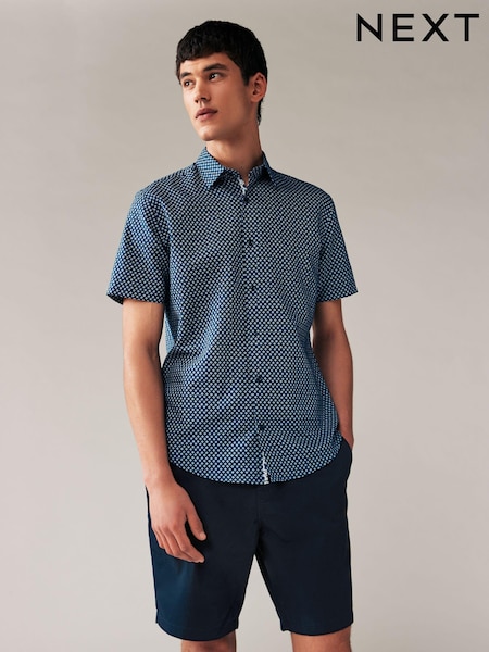 Navy Blue Geometric Printed Linen Blend Shirt (887070) | €21.50