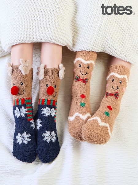 Brown Christmas - Totes Super Soft Cosy Slipper Socks 2 Pack