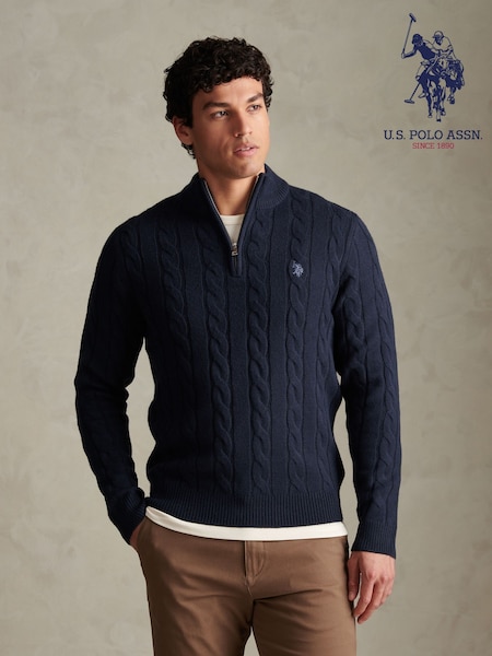 蓝色 - Regular U.s. Polo Assn. Cable Knit Quarter-zip Funnel Neck Jumper
