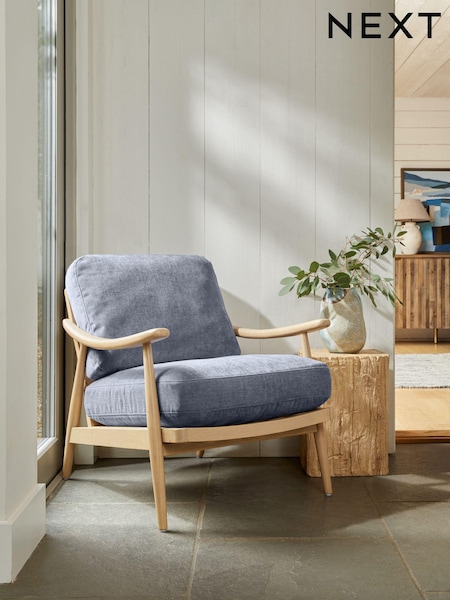Fine Chenille Granite Blue, Light Oak Effect Frame Hampton Wooden Accent Chair (888946) | €400