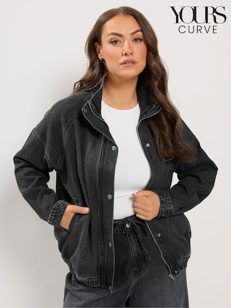 Black - Yours Curve Denim Funnel Neck Bomber Jacket