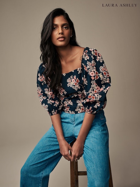 Navy Tuttington Floral - Laura Ashley Puff Sleeve Shirred Bardot Top (889107) | 121 LEI