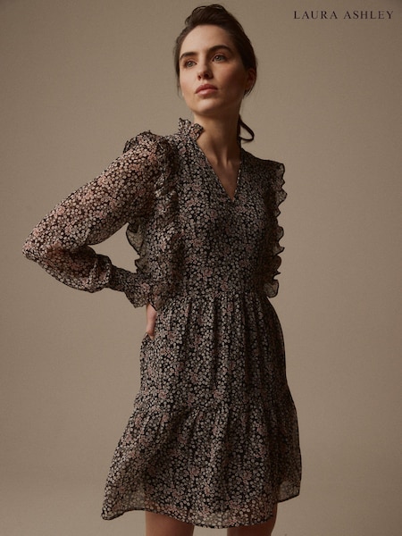 Laura Ashley Black Morston Ditsy Chiffon Frill Mini Dress (889122) | 3,244 UAH