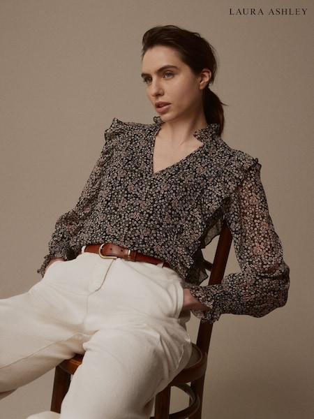 Laura Ashley Black Morston Ditsy Chiffon Frill Blouse (889128) | ₪191