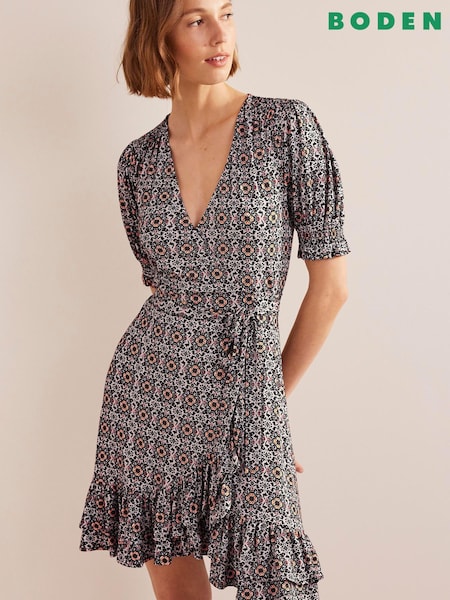 Boden Black Ruffle Wrap Jersey Mini Dress (889807) | €69