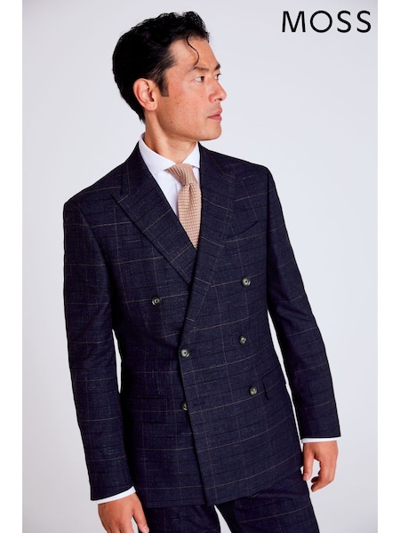 MOSS Navy Blue Tailored Check Jacket (890635) | AED926