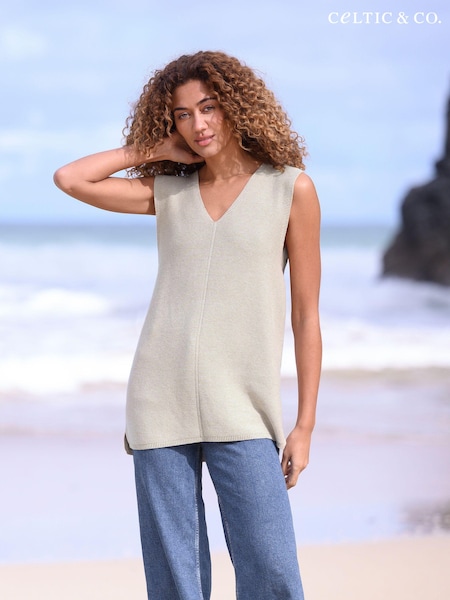 Celtic & Co. Brown/Pink Organic Cotton Purl Knit V-Neck Sleeveless Top (890711) | €57