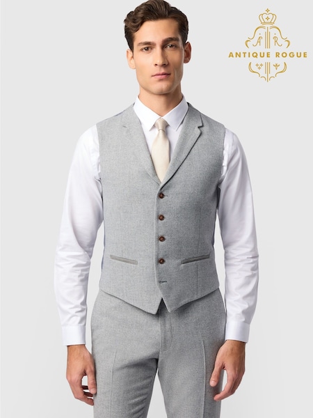 Grey - Regular Antique Rogue Slim Fit Pale Herringbone Waistcoat