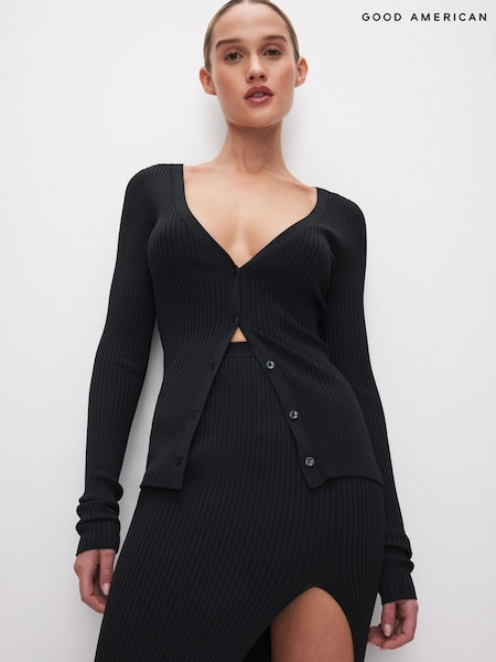 Good American Black Shine Rib V-Neck Cardigan (891158) | €102