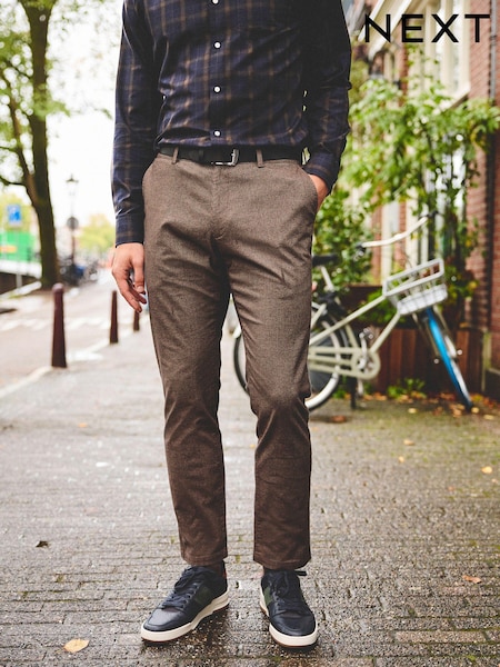 Brown Micro Check Slim Brushed Belted Chinos Trousers (891186) | €7.50