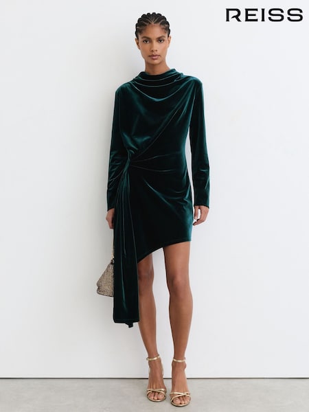 Blågrønn Grønn - Reiss Perrie Velvet Draped Long-sleeve Mini Dress