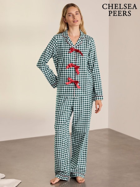 Green - Chelsea Peers Cotton Gingham Tie Front Long Pyjamas Set